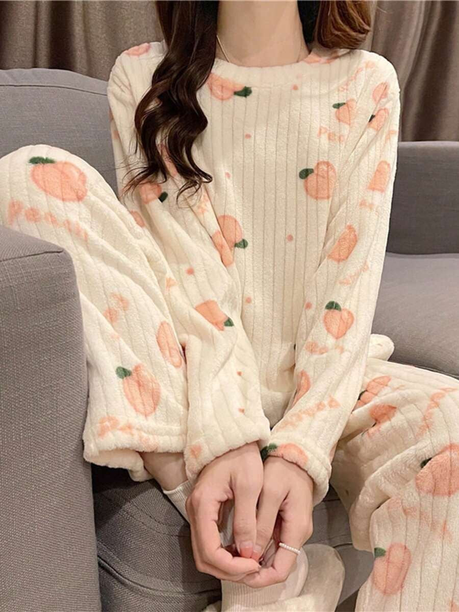 Women's Fleece Pajama Set, Cream Ribbed Long Sleeve Top and Pants with Peach Print, Cream, view 4