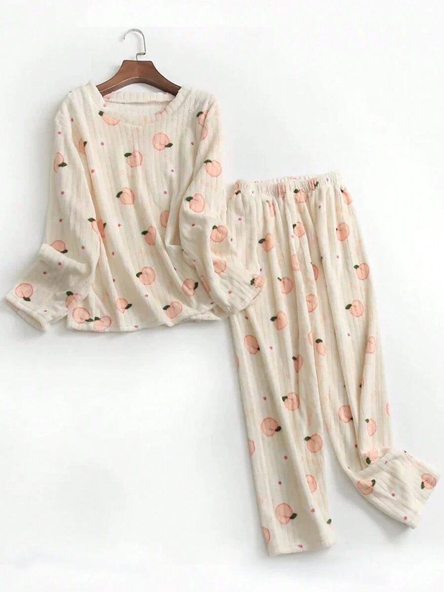 Women's Fleece Pajama Set, Cream Ribbed Long Sleeve Top and Pants with Peach Print, Cream, view 5