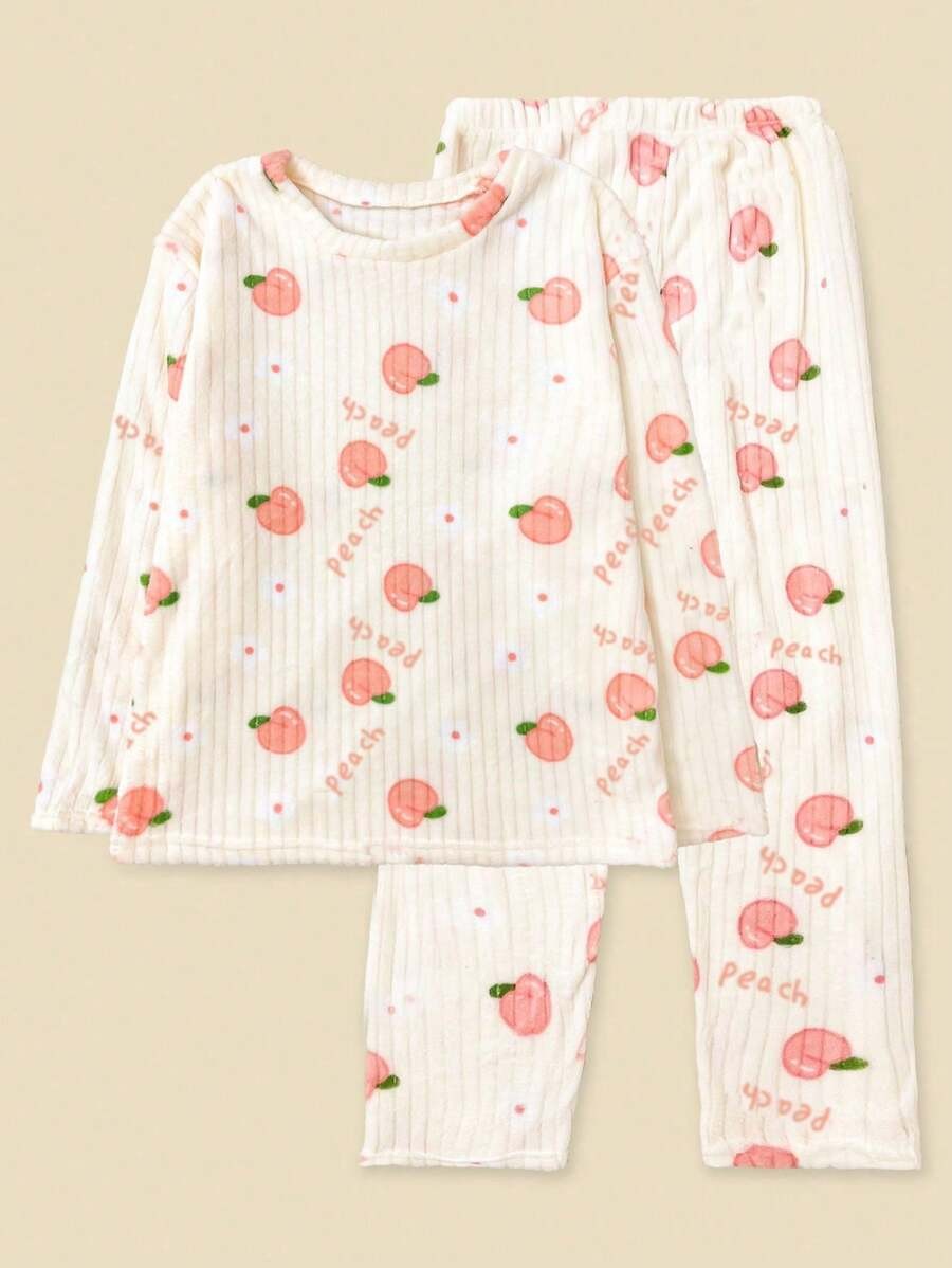 Women's Fleece Pajama Set, Cream Ribbed Long Sleeve Top and Pants with Peach Print, Cream, view 6