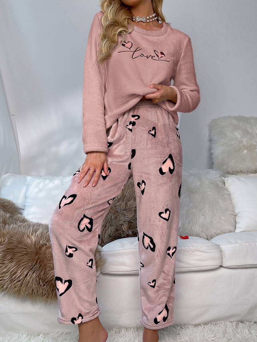 Women's Fleece Pajama Set, Dusty Pink Long Sleeve Top with Love Embroidery and Heart Print Pants, Dusty Pink