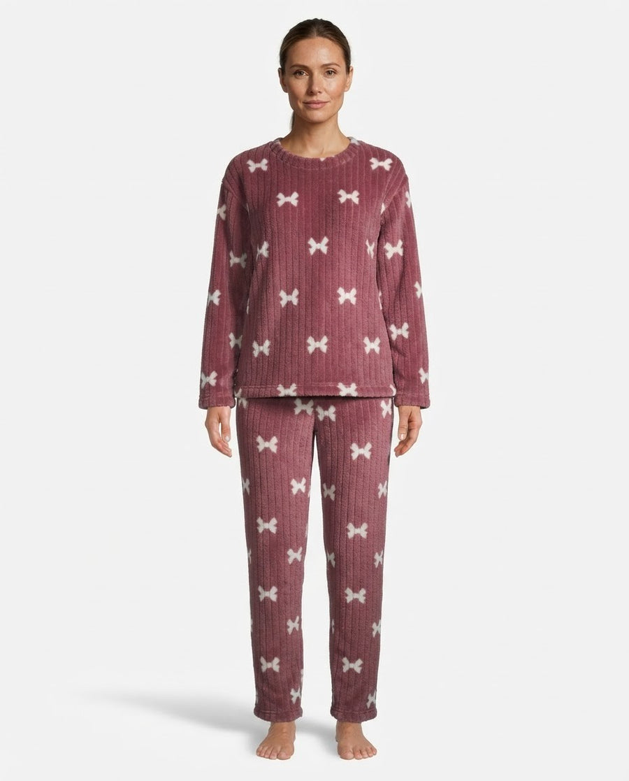 Women's Fleece Pajama Set, Dusty Pink Ribbed Long Sleeve Top and Pants with White Bow Print, Hot Pink