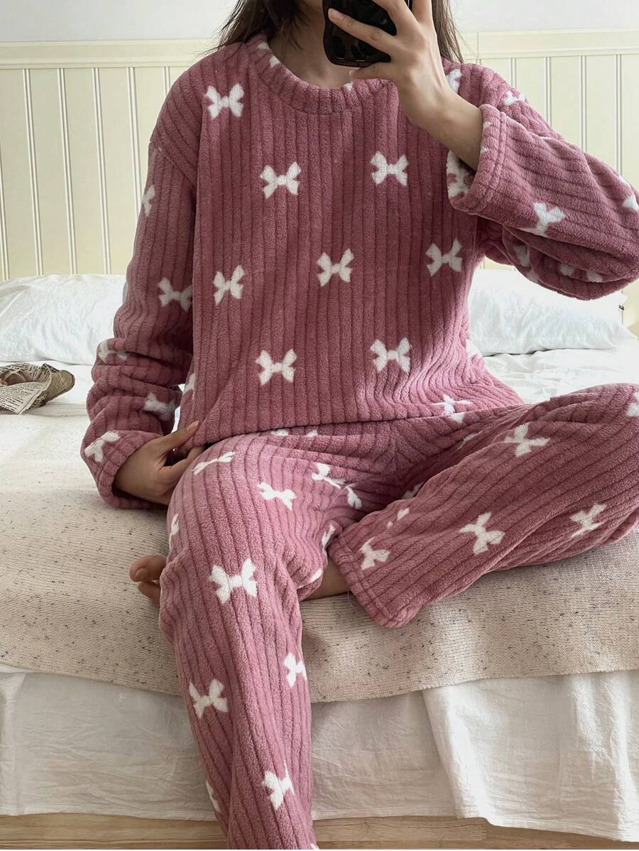 Women's Fleece Pajama Set, Dusty Pink Ribbed Long Sleeve Top and Pants with White Bow Print, Hot Pink