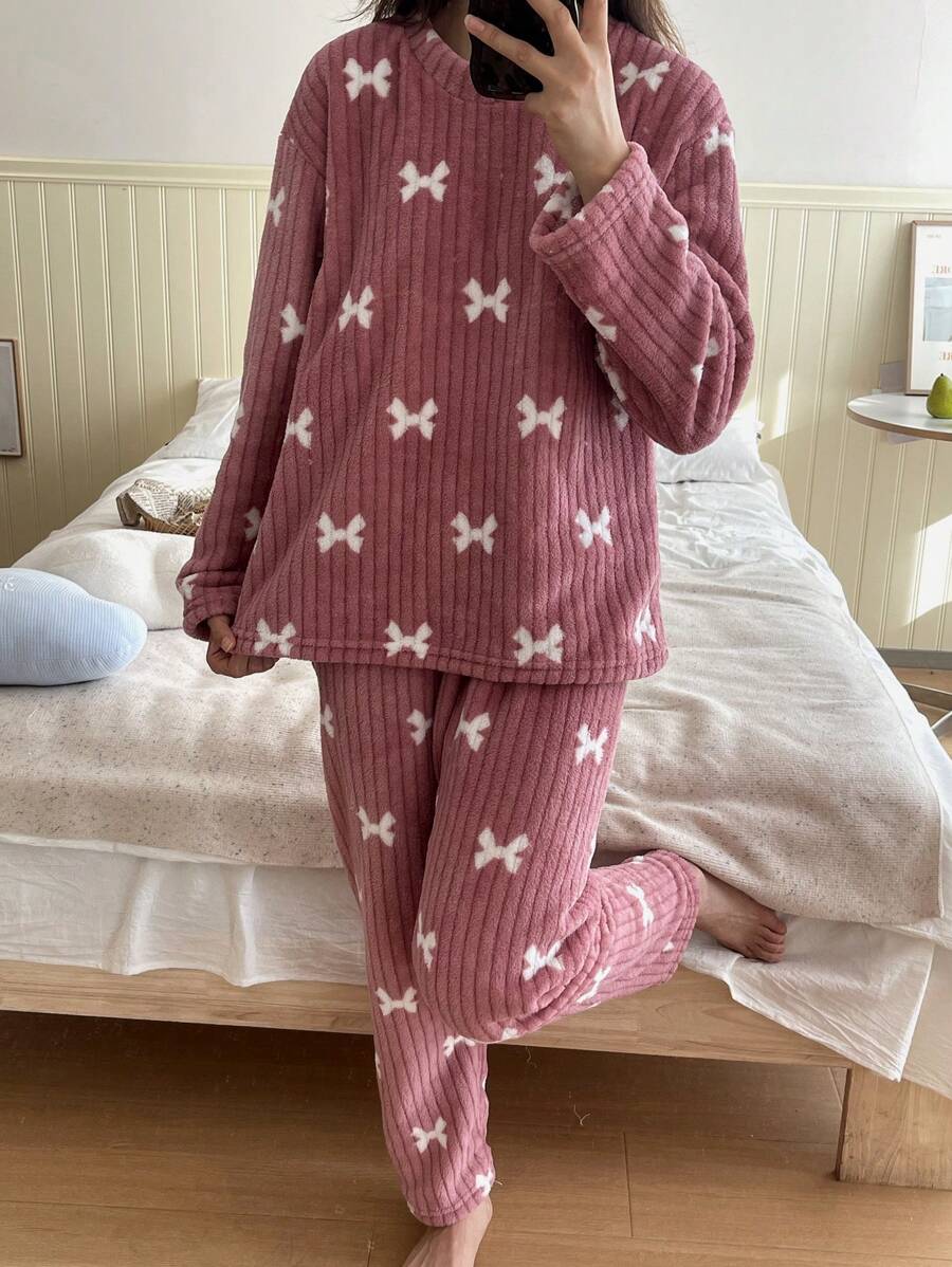 Women's Fleece Pajama Set, Dusty Pink Ribbed Long Sleeve Top and Pants with White Bow Print, Hot Pink, view 2
