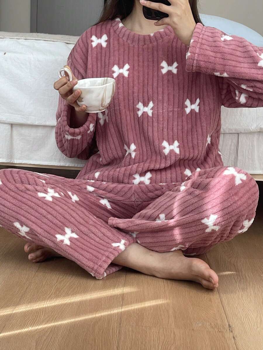 Women's Fleece Pajama Set, Dusty Pink Ribbed Long Sleeve Top and Pants with White Bow Print, Hot Pink, view 3