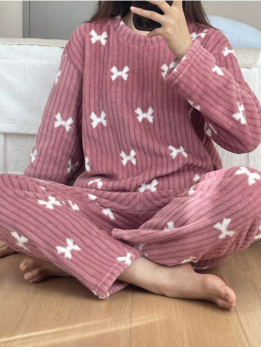 Women's Fleece Pajama Set, Dusty Pink Ribbed Long Sleeve Top and Pants with White Bow Print, Hot Pink, view 4