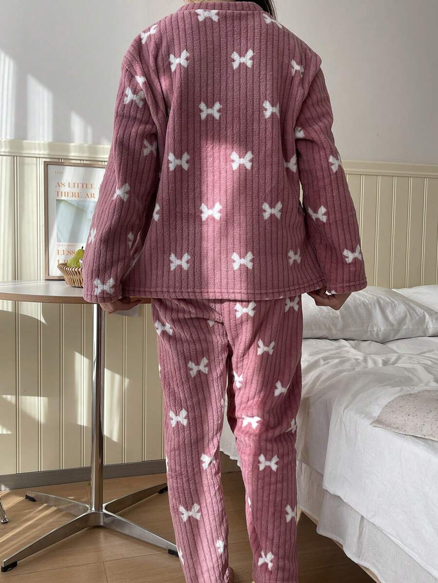 Women's Fleece Pajama Set, Dusty Pink Ribbed Long Sleeve Top and Pants with White Bow Print, Hot Pink, view 5