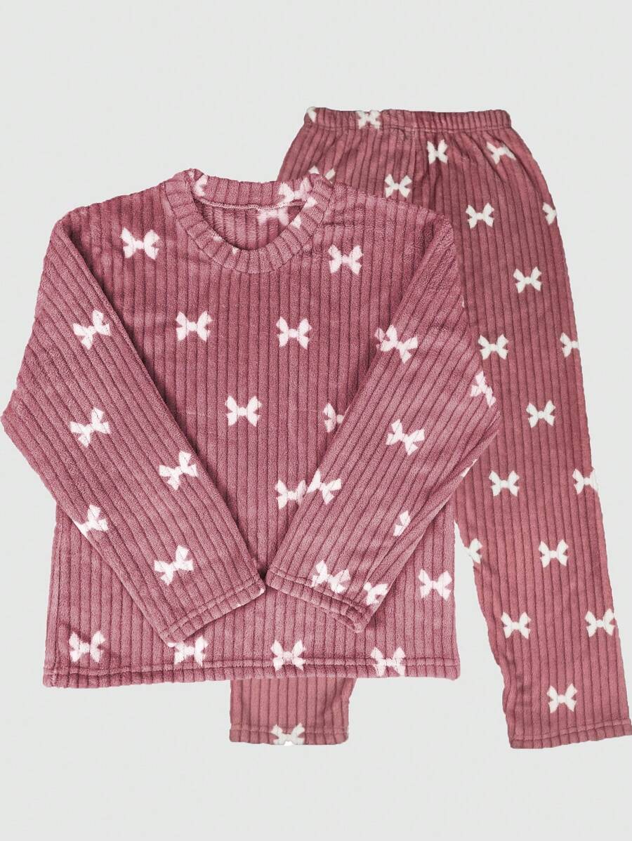 Women's Fleece Pajama Set, Dusty Pink Ribbed Long Sleeve Top and Pants with White Bow Print, Hot Pink, view 6