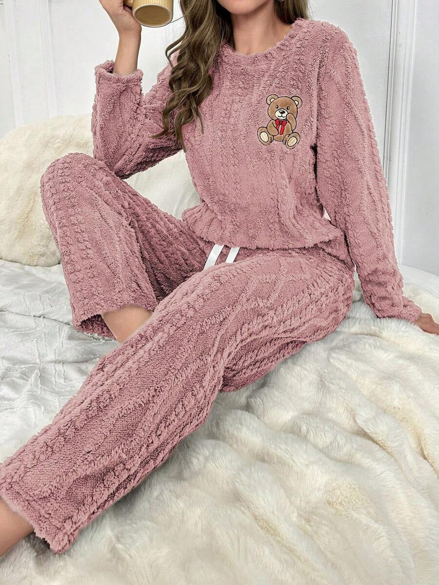 Women's Fleece Pajama Set, Fuzzy Cable Jacquard Top with Teddy Bear Embroidery and Drawstring Pants, Dusty Pink