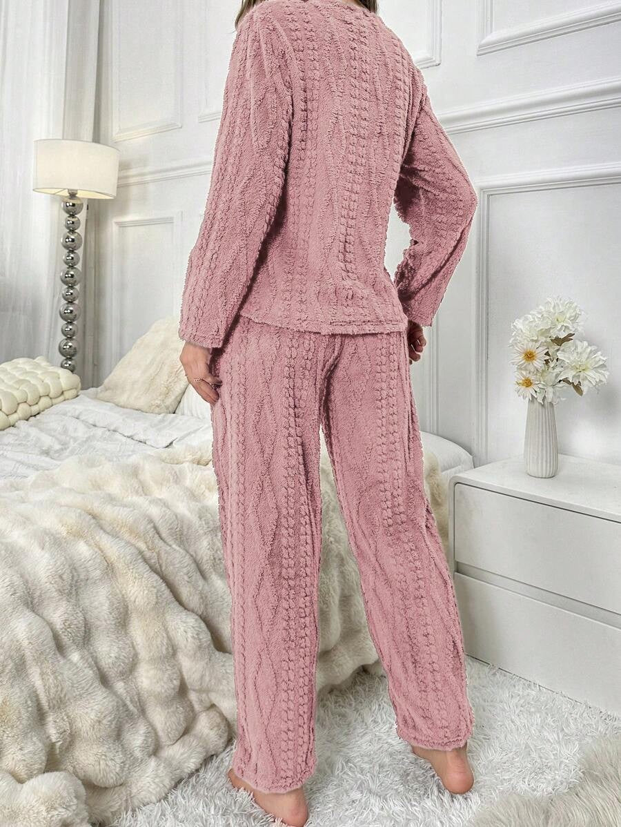 Women's Fleece Pajama Set, Fuzzy Cable Jacquard Top with Teddy Bear Embroidery and Drawstring Pants, Dusty Pink, view 2