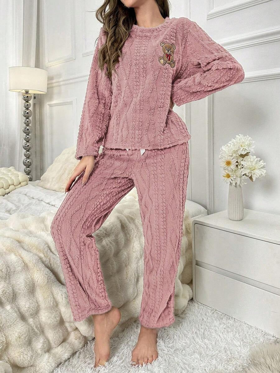 Women's Fleece Pajama Set, Fuzzy Cable Jacquard Top with Teddy Bear Embroidery and Drawstring Pants, Dusty Pink, view 4