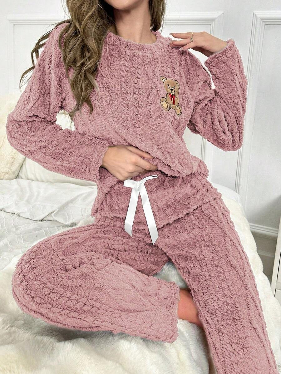 Women's Fleece Pajama Set, Fuzzy Cable Jacquard Top with Teddy Bear Embroidery and Drawstring Pants, Dusty Pink, view 5