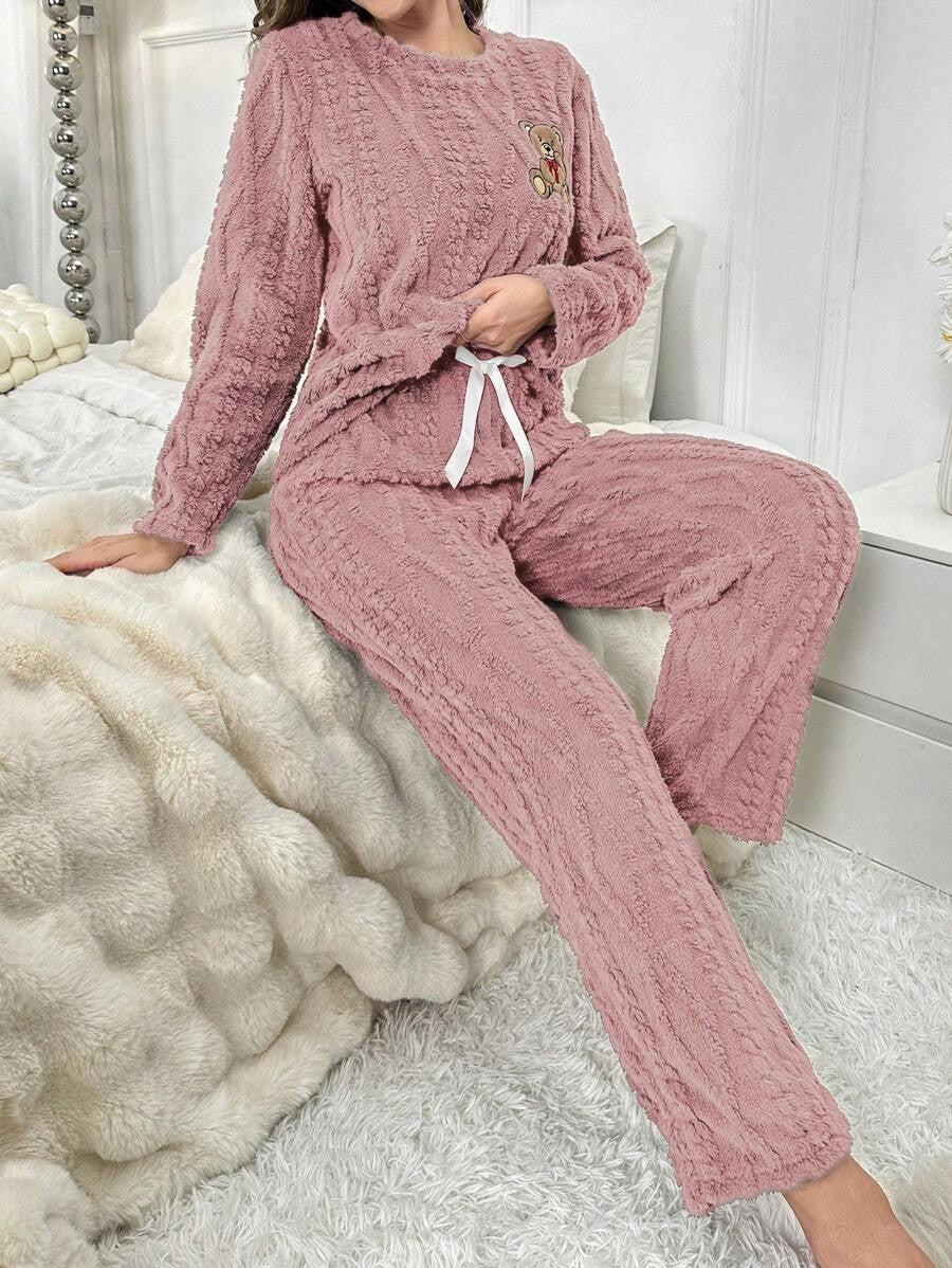 Women's Fleece Pajama Set, Fuzzy Cable Jacquard Top with Teddy Bear Embroidery and Drawstring Pants, Dusty Pink, view 6