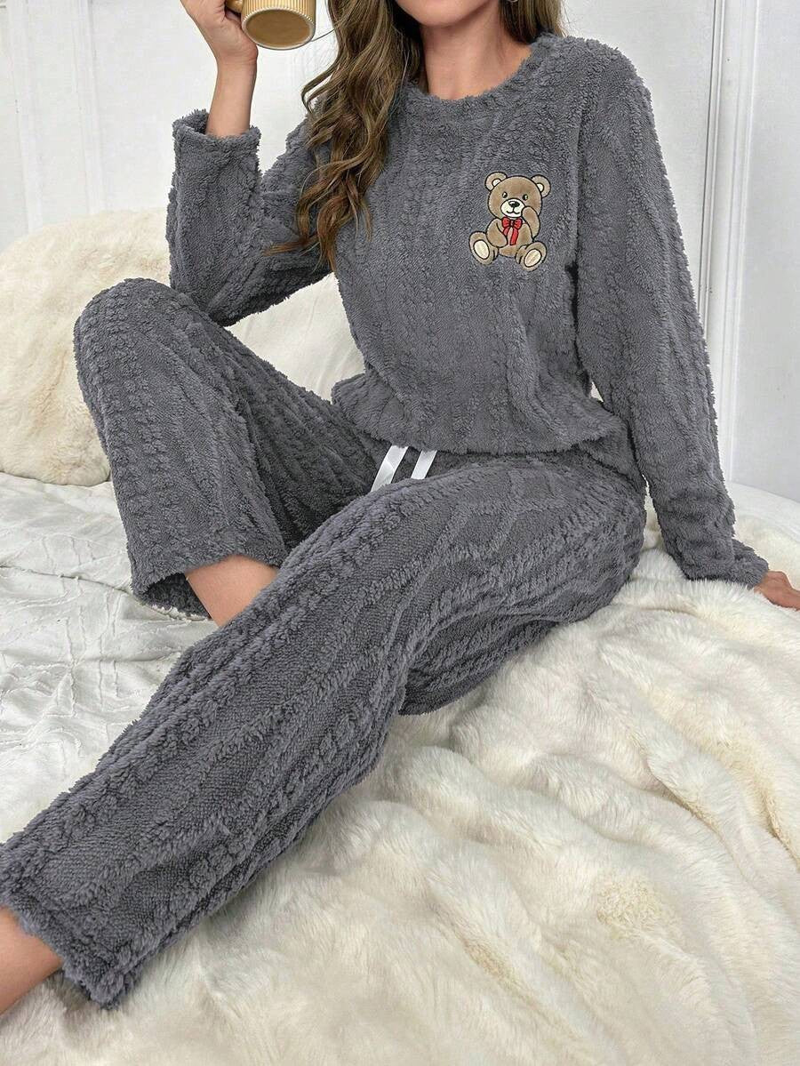 Women's Fleece Pajama Set, Fuzzy Cable Jacquard Top with Teddy Bear Embroidery and Drawstring Pants, Charcoal Gray, view 7