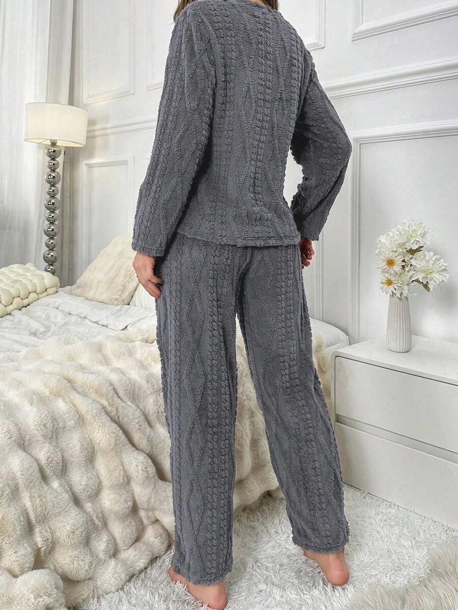 Women's Fleece Pajama Set, Fuzzy Cable Jacquard Top with Teddy Bear Embroidery and Drawstring Pants, Charcoal Gray, view 8