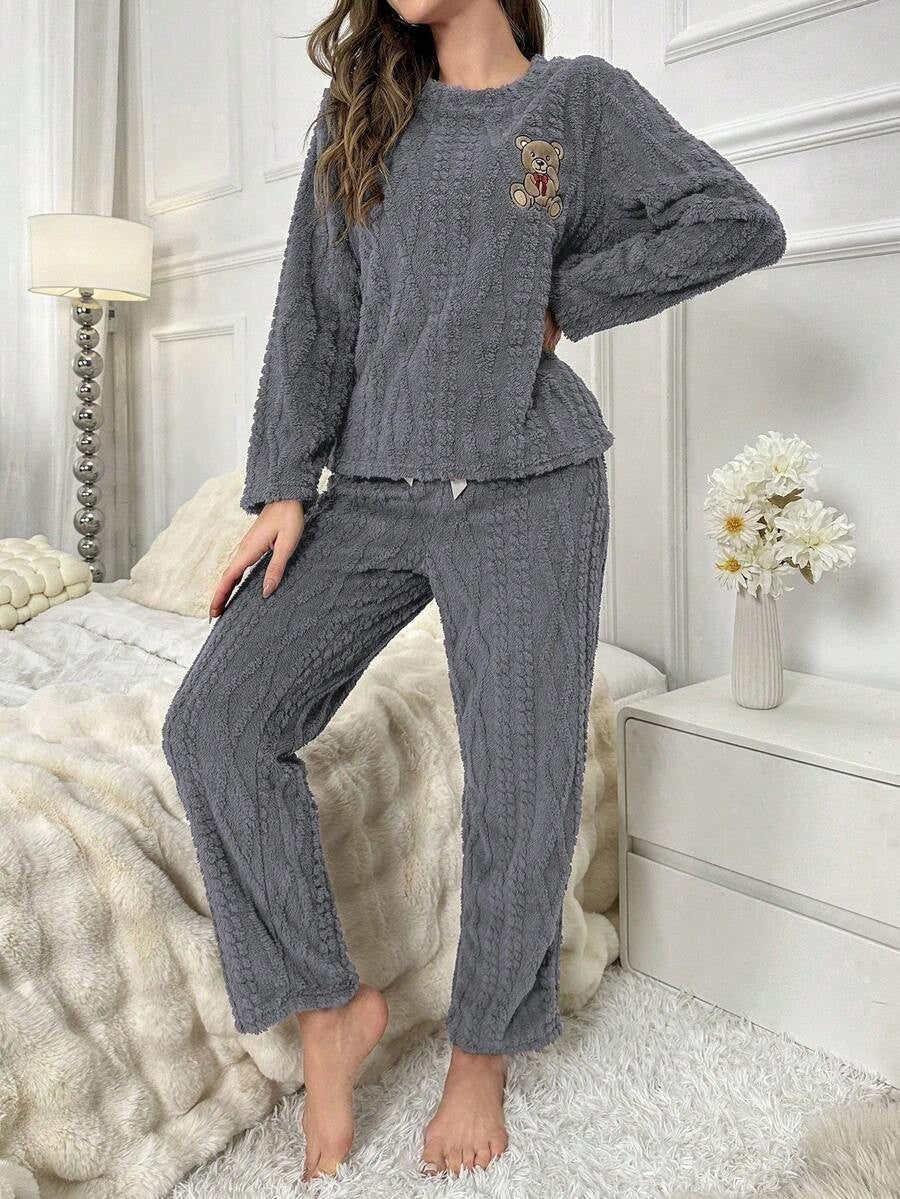 Women's Fleece Pajama Set, Fuzzy Cable Jacquard Top with Teddy Bear Embroidery and Drawstring Pants, Charcoal Gray, view 9