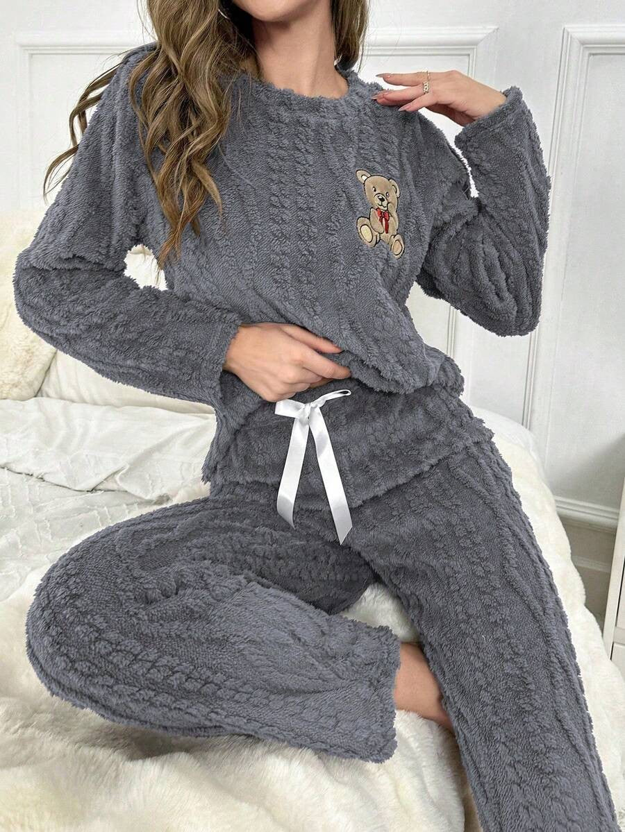 Women's Fleece Pajama Set, Fuzzy Cable Jacquard Top with Teddy Bear Embroidery and Drawstring Pants, Charcoal Gray, view 10