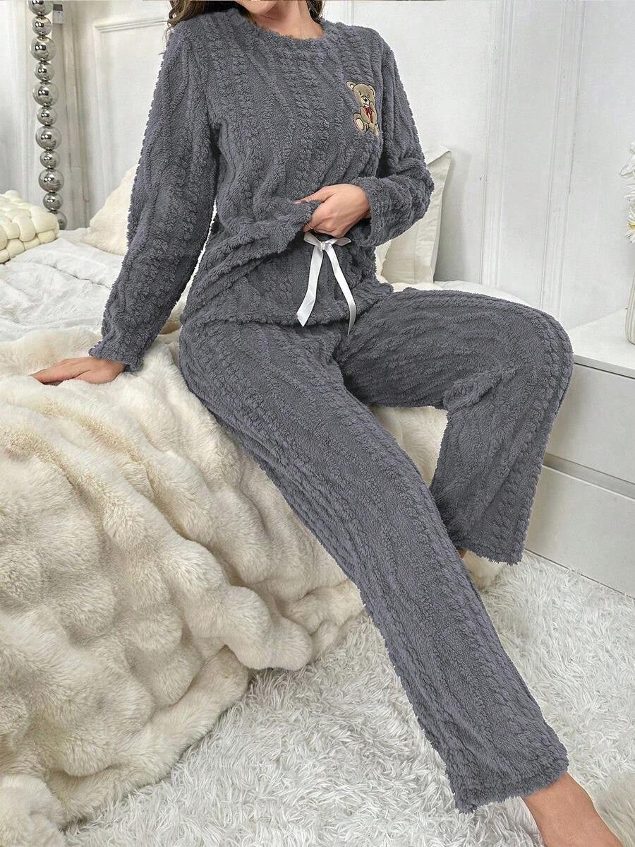 Women's Fleece Pajama Set, Fuzzy Cable Jacquard Top with Teddy Bear Embroidery and Drawstring Pants, Charcoal Gray, view 11