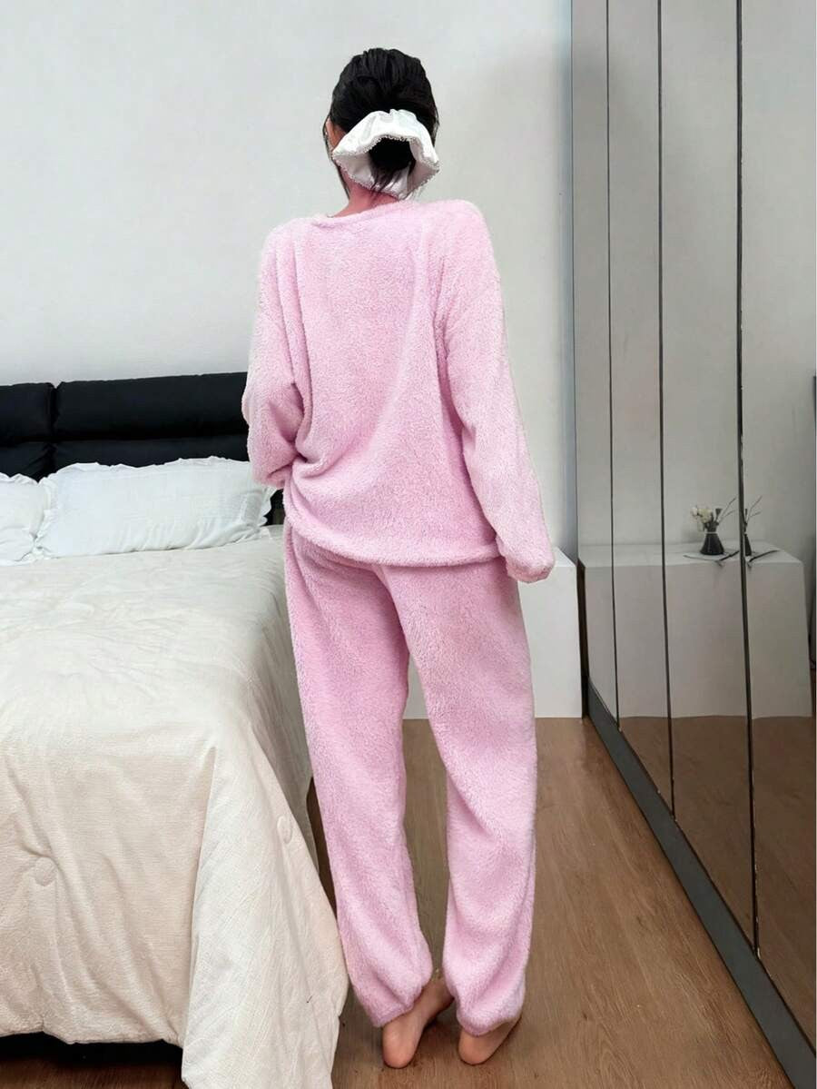 Women's Fleece Pajama Set, Fuzzy Oversized Crew Neck Top and Jogger Pants, Long Sleeve, Pink, view 2