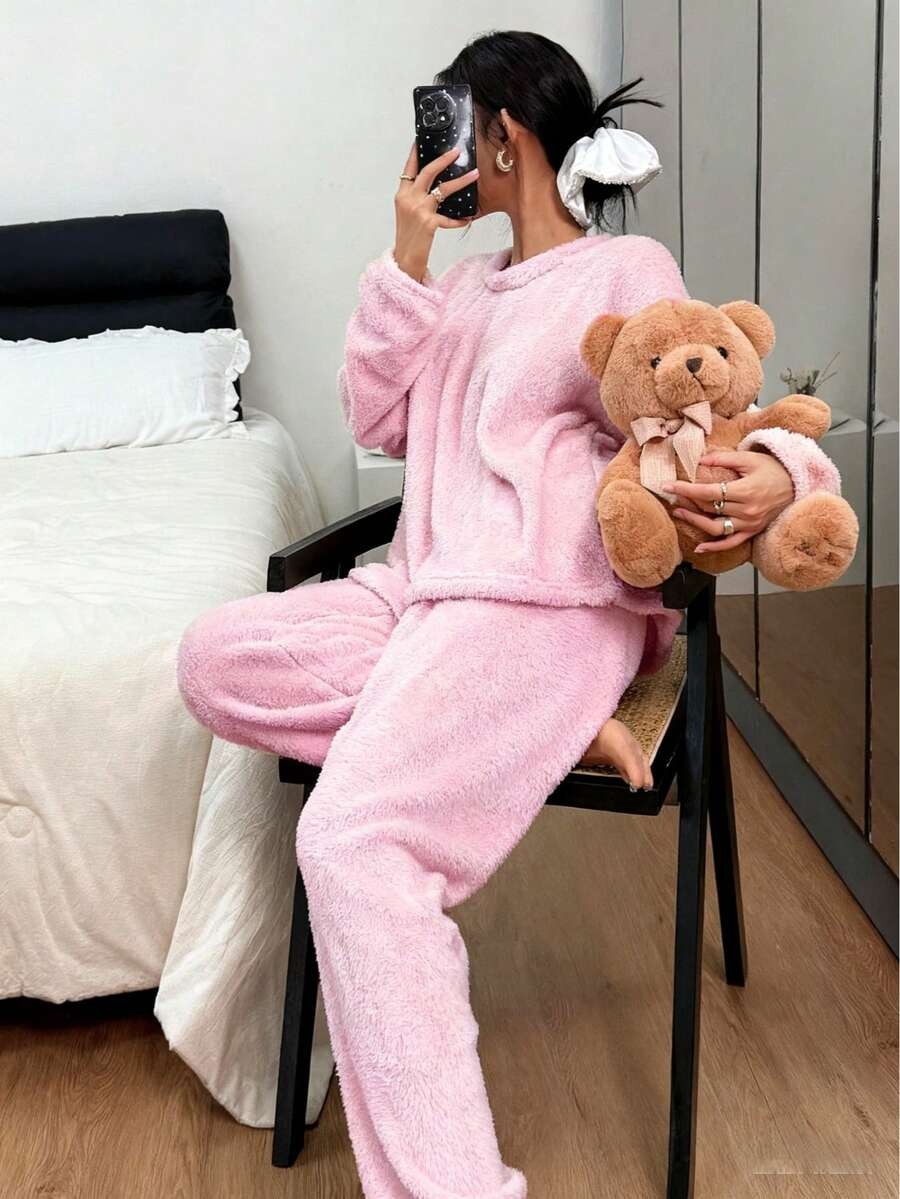 Women's Fleece Pajama Set, Fuzzy Oversized Crew Neck Top and Jogger Pants, Long Sleeve, Pink, view 5