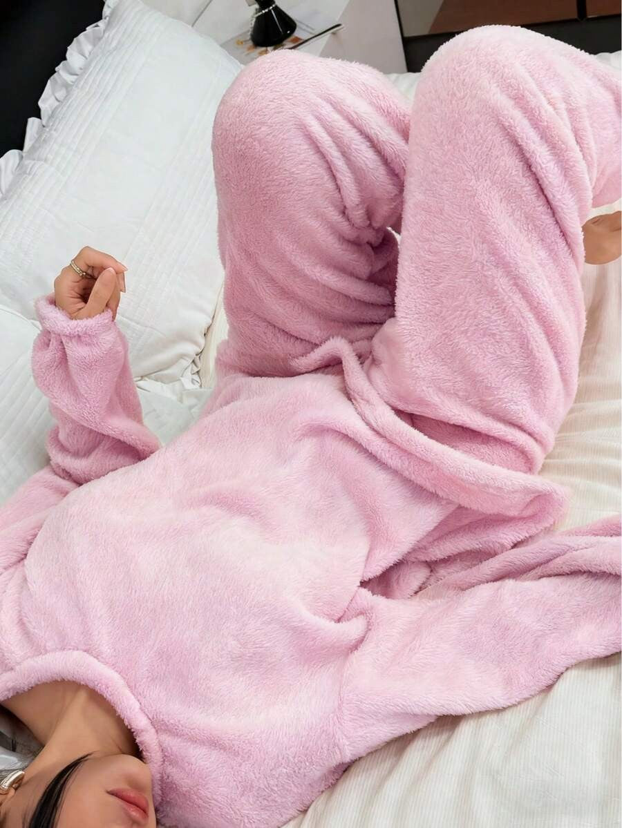 Women's Fleece Pajama Set, Fuzzy Oversized Crew Neck Top and Jogger Pants, Long Sleeve, Pink, view 6