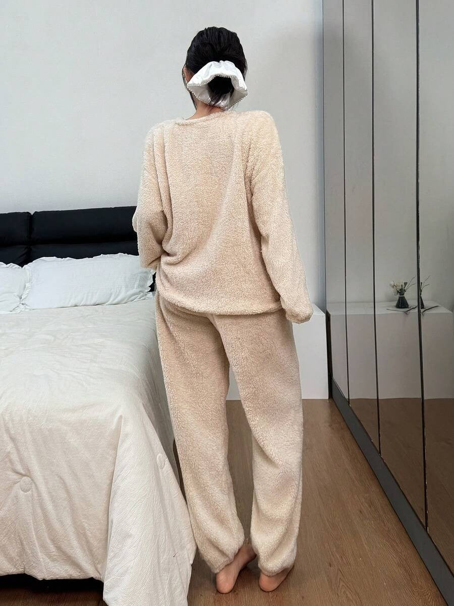 Women's Fleece Pajama Set, Fuzzy Oversized Crew Neck Top and Jogger Pants, Long Sleeve, Cream, view 8