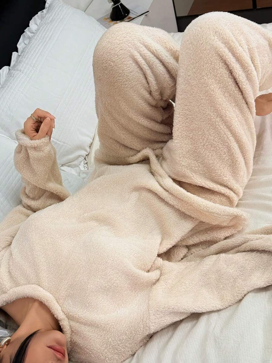 Women's Fleece Pajama Set, Fuzzy Oversized Crew Neck Top and Jogger Pants, Long Sleeve, Cream, view 10