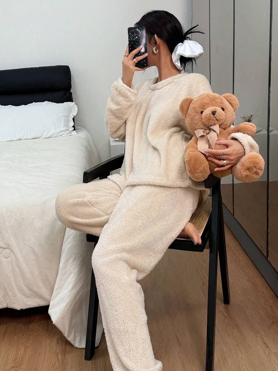 Women's Fleece Pajama Set, Fuzzy Oversized Crew Neck Top and Jogger Pants, Long Sleeve, Cream, view 12