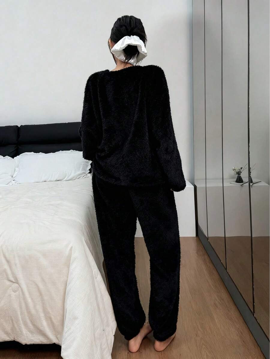 Women's Fleece Pajama Set, Fuzzy Oversized Crew Neck Top and Jogger Pants, Long Sleeve, Black, view 14