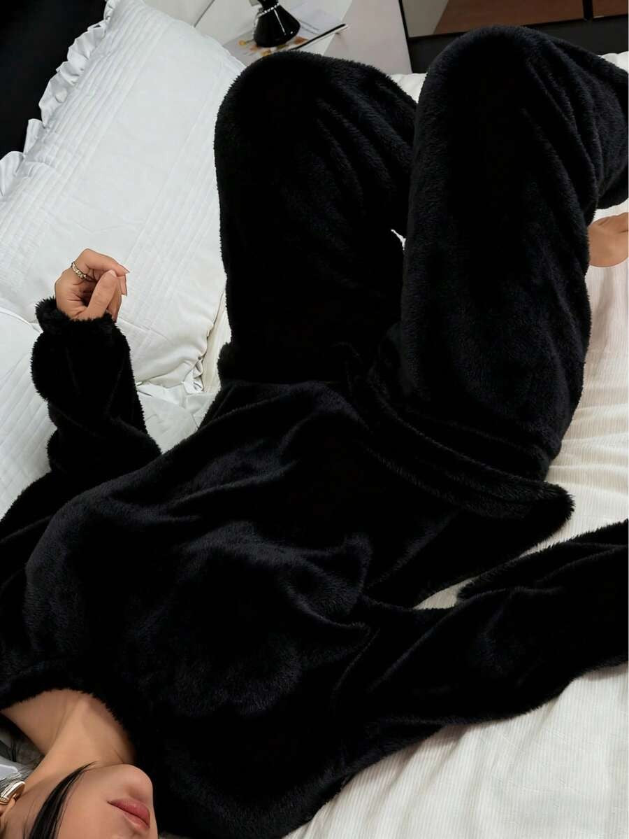 Women's Fleece Pajama Set, Fuzzy Oversized Crew Neck Top and Jogger Pants, Long Sleeve, Black, view 17