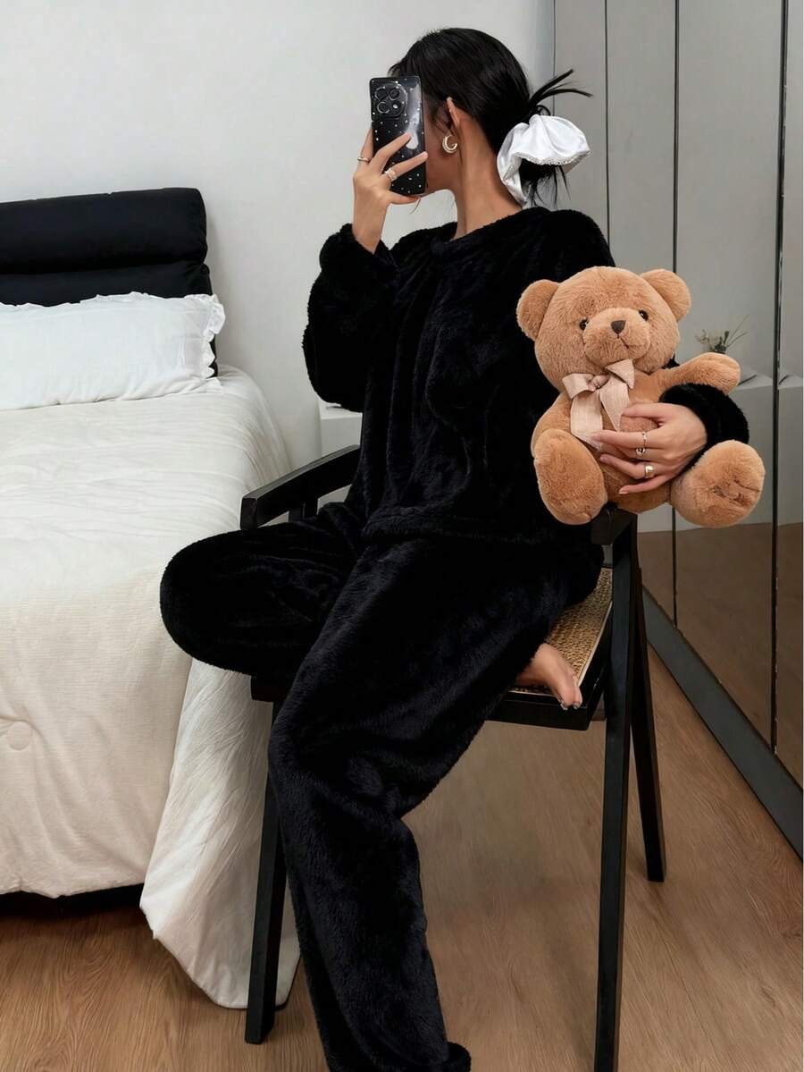 Women's Fleece Pajama Set, Fuzzy Oversized Crew Neck Top and Jogger Pants, Long Sleeve, Black, view 18