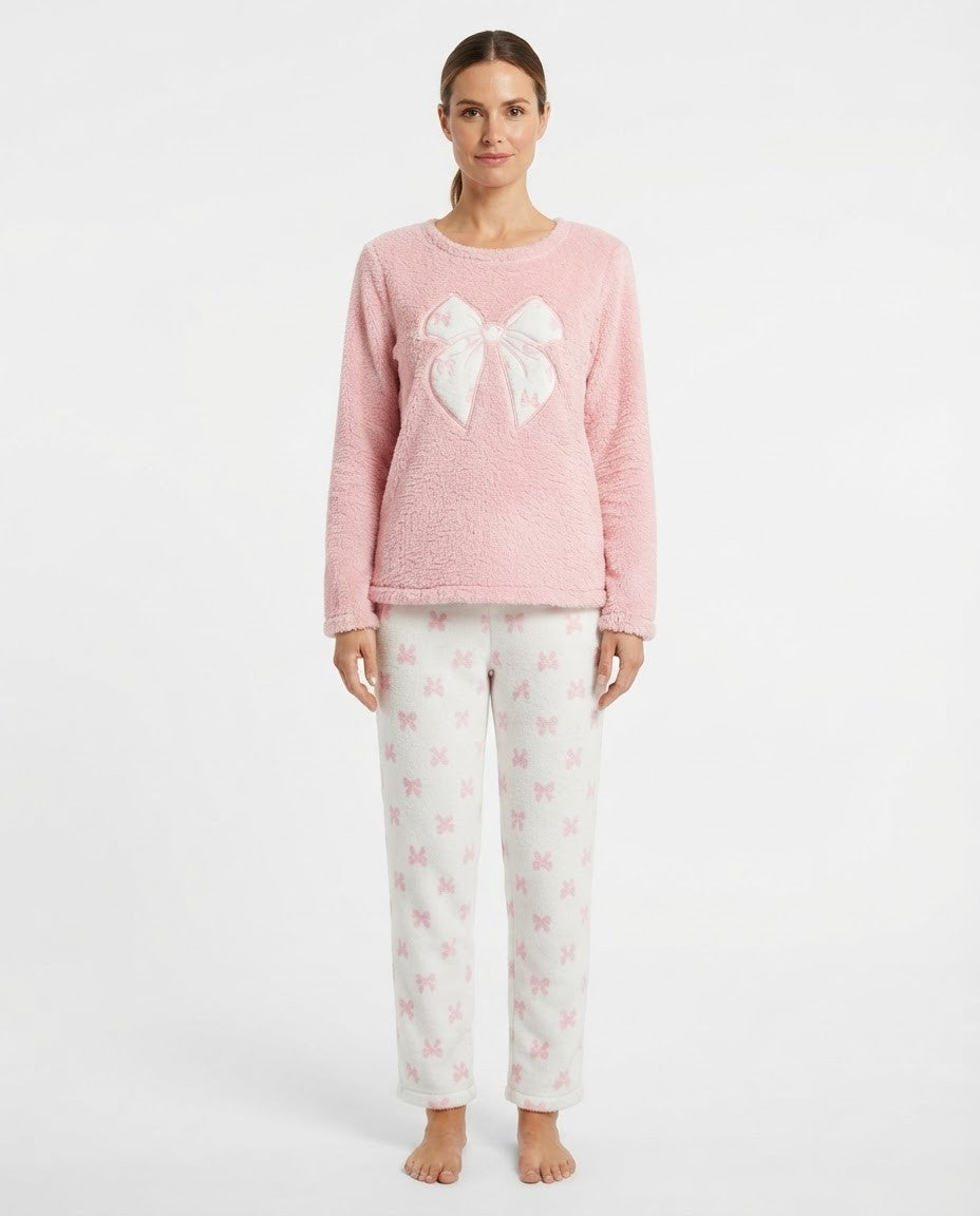 Women's Fleece Pajama Set, Fuzzy Pink Long Sleeve Top with Embroidered Bow and White Printed Pants, Pink