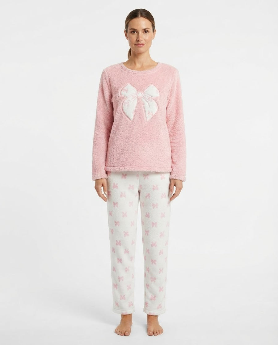 Women's Fleece Pajama Set, Fuzzy Pink Long Sleeve Top with Embroidered Bow and White Printed Pants, Pink