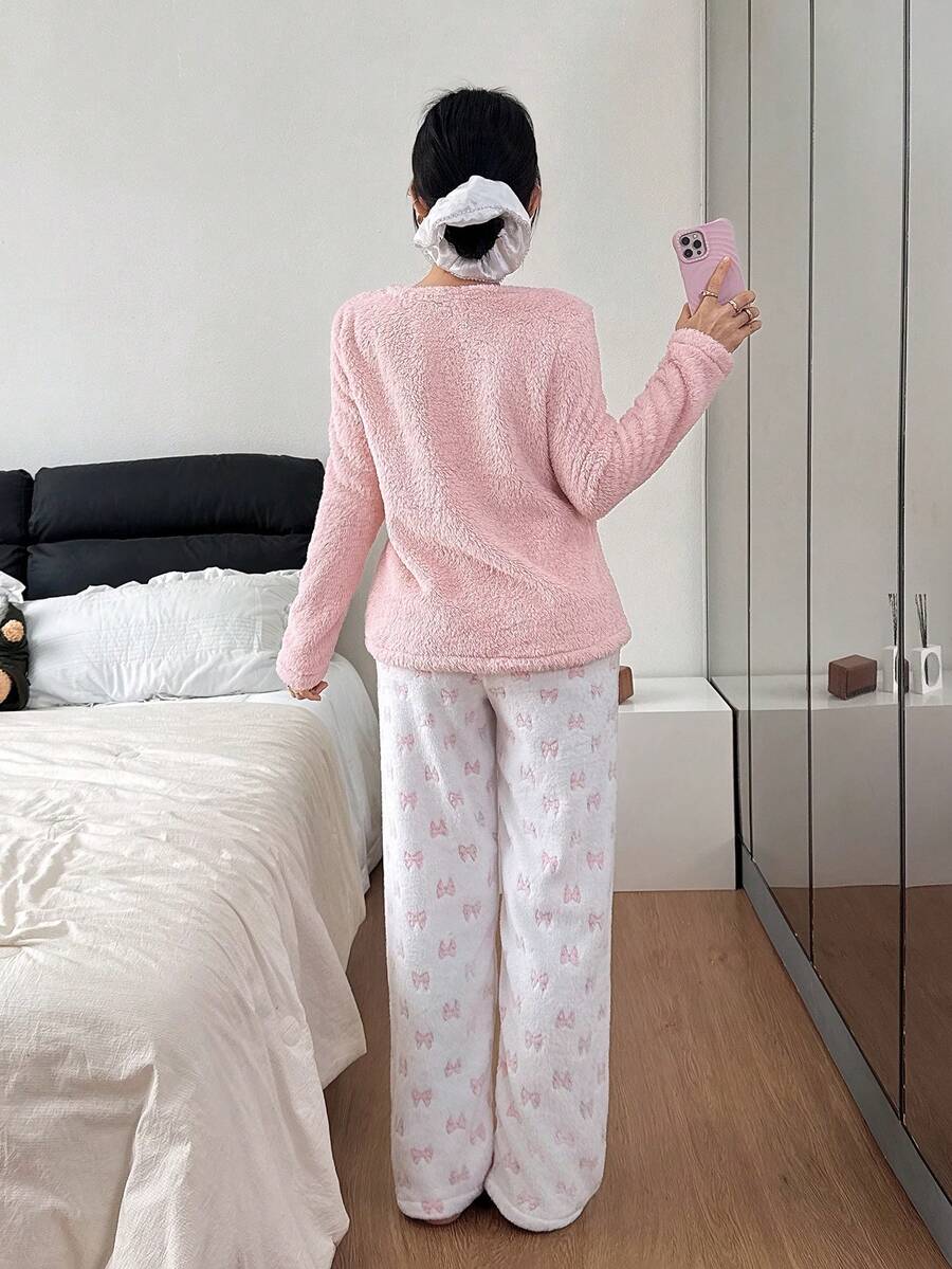 Women's Fleece Pajama Set, Fuzzy Pink Long Sleeve Top with Embroidered Bow and White Printed Pants, Pink, view 2