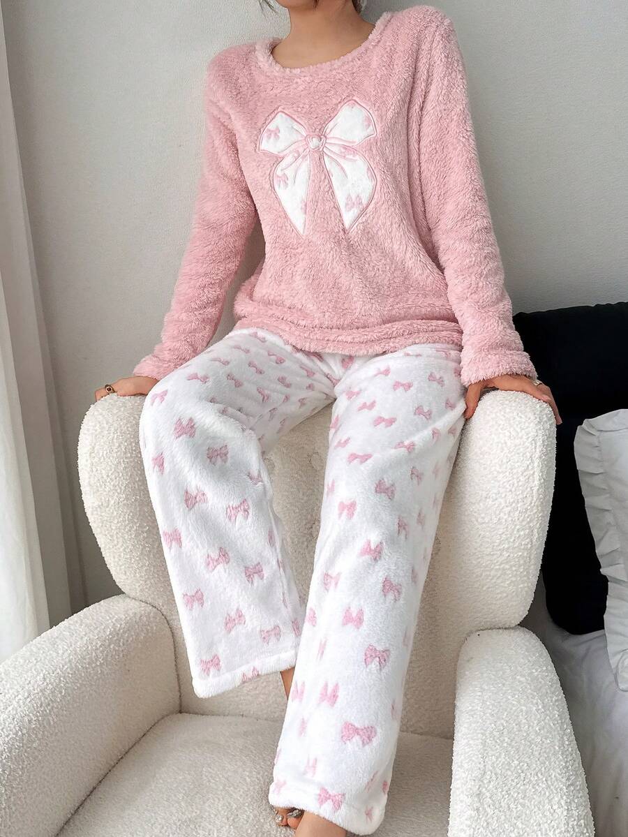 Women's Fleece Pajama Set, Fuzzy Pink Long Sleeve Top with Embroidered Bow and White Printed Pants, Pink, view 3