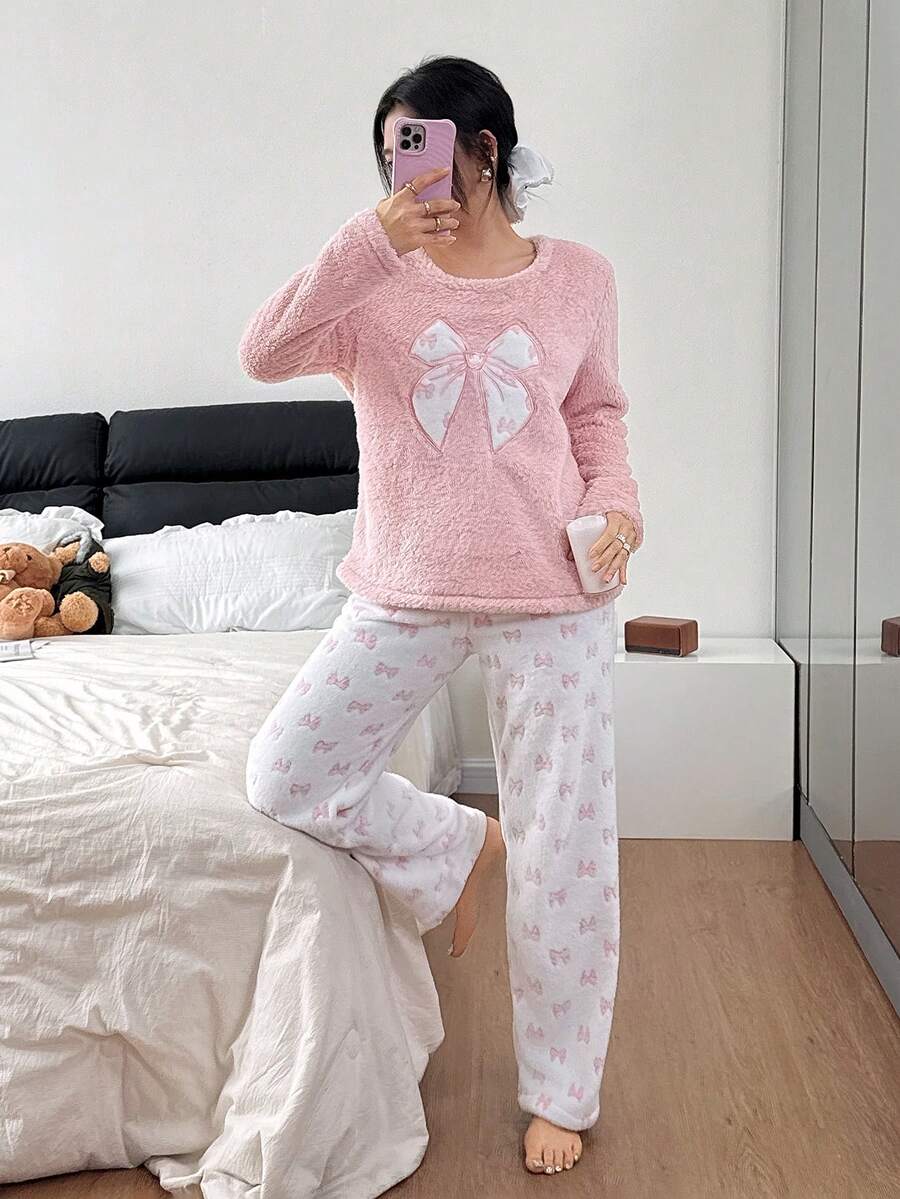 Women's Fleece Pajama Set, Fuzzy Pink Long Sleeve Top with Embroidered Bow and White Printed Pants, Pink, view 5