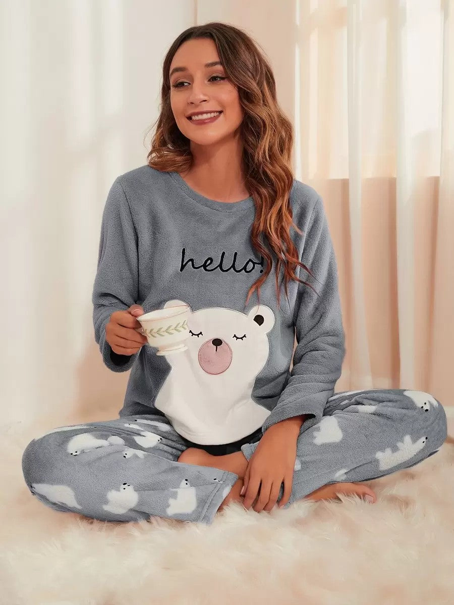 Women's Fleece Pajama Set, Gray Long Sleeve Top with Hello Embroidery and Polar Bear Print Pants, Gray