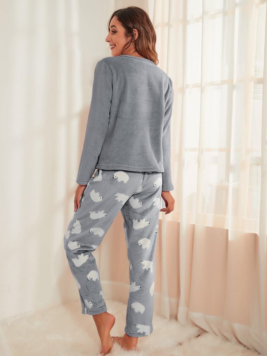 Women's Fleece Pajama Set, Gray Long Sleeve Top with Hello Embroidery and Polar Bear Print Pants, Gray, view 2