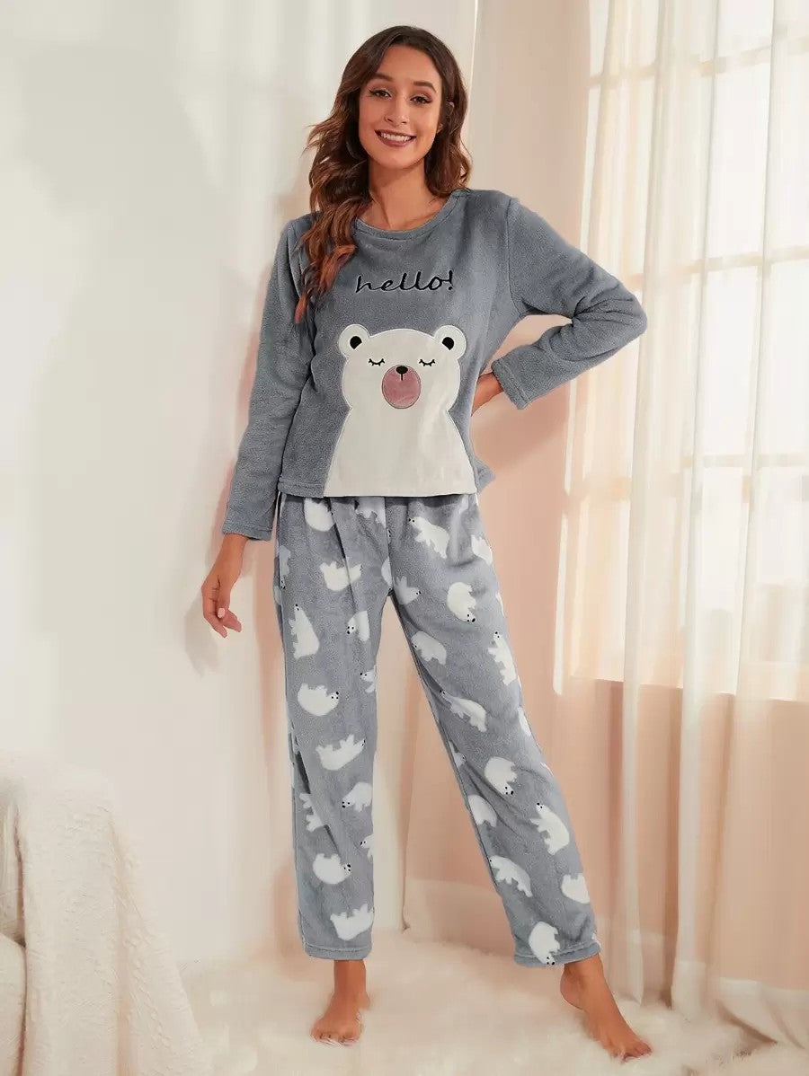Women's Fleece Pajama Set, Gray Long Sleeve Top with Hello Embroidery and Polar Bear Print Pants, Gray, view 4