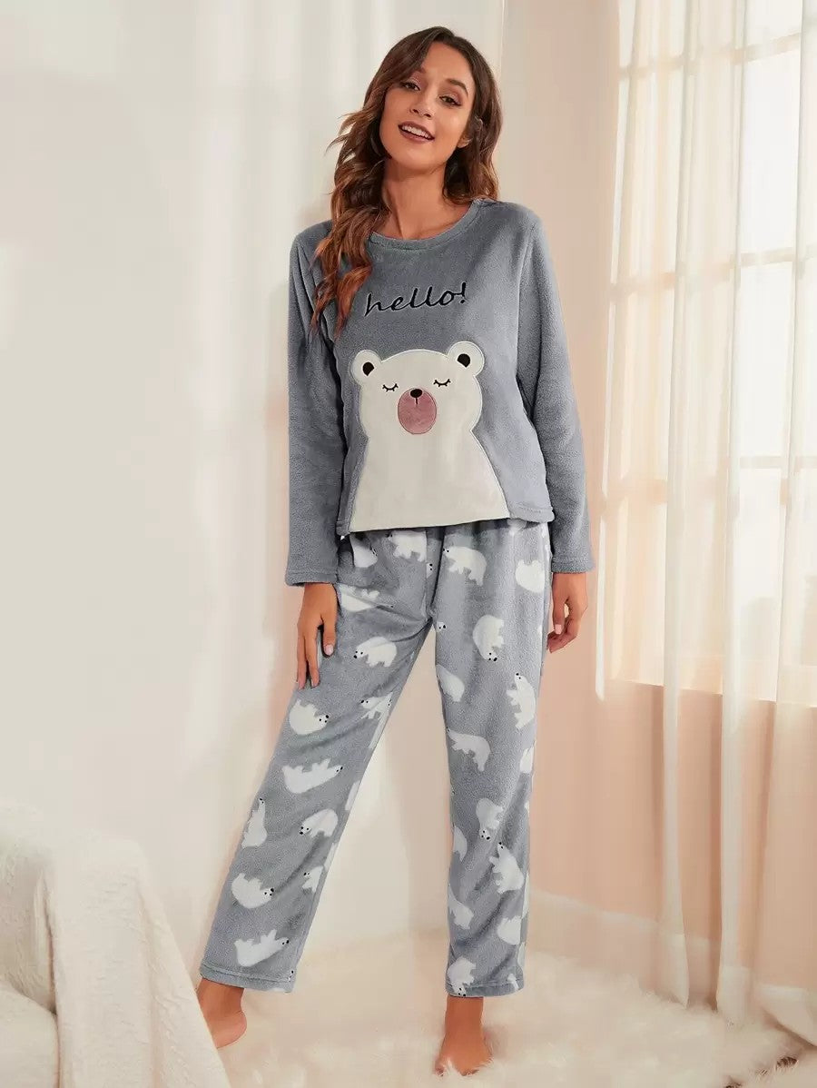 Women's Fleece Pajama Set, Gray Long Sleeve Top with Hello Embroidery and Polar Bear Print Pants, Gray, view 5