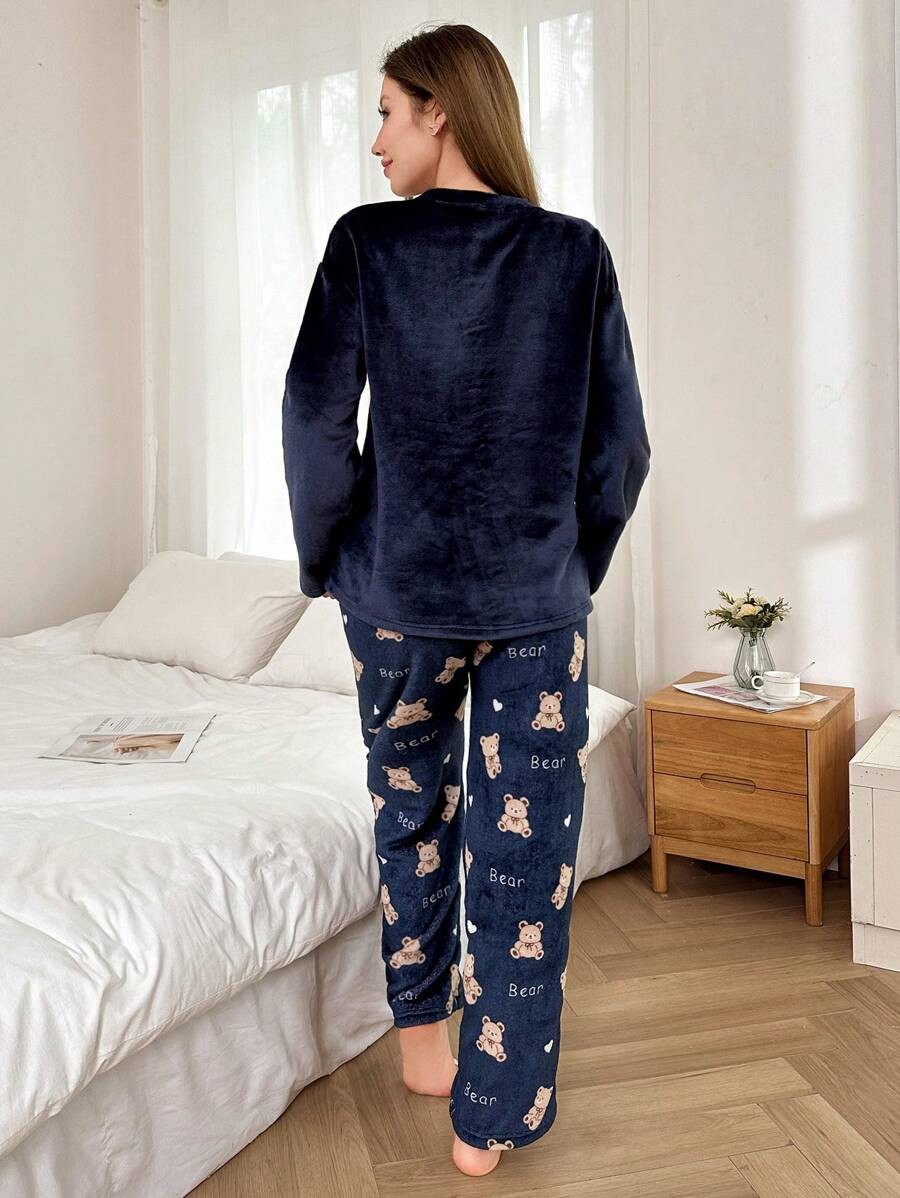 Women's Fleece Pajama Set, Navy Long Sleeve Top with Teddy Bear Embroidery and Printed Pants, Navy, view 3