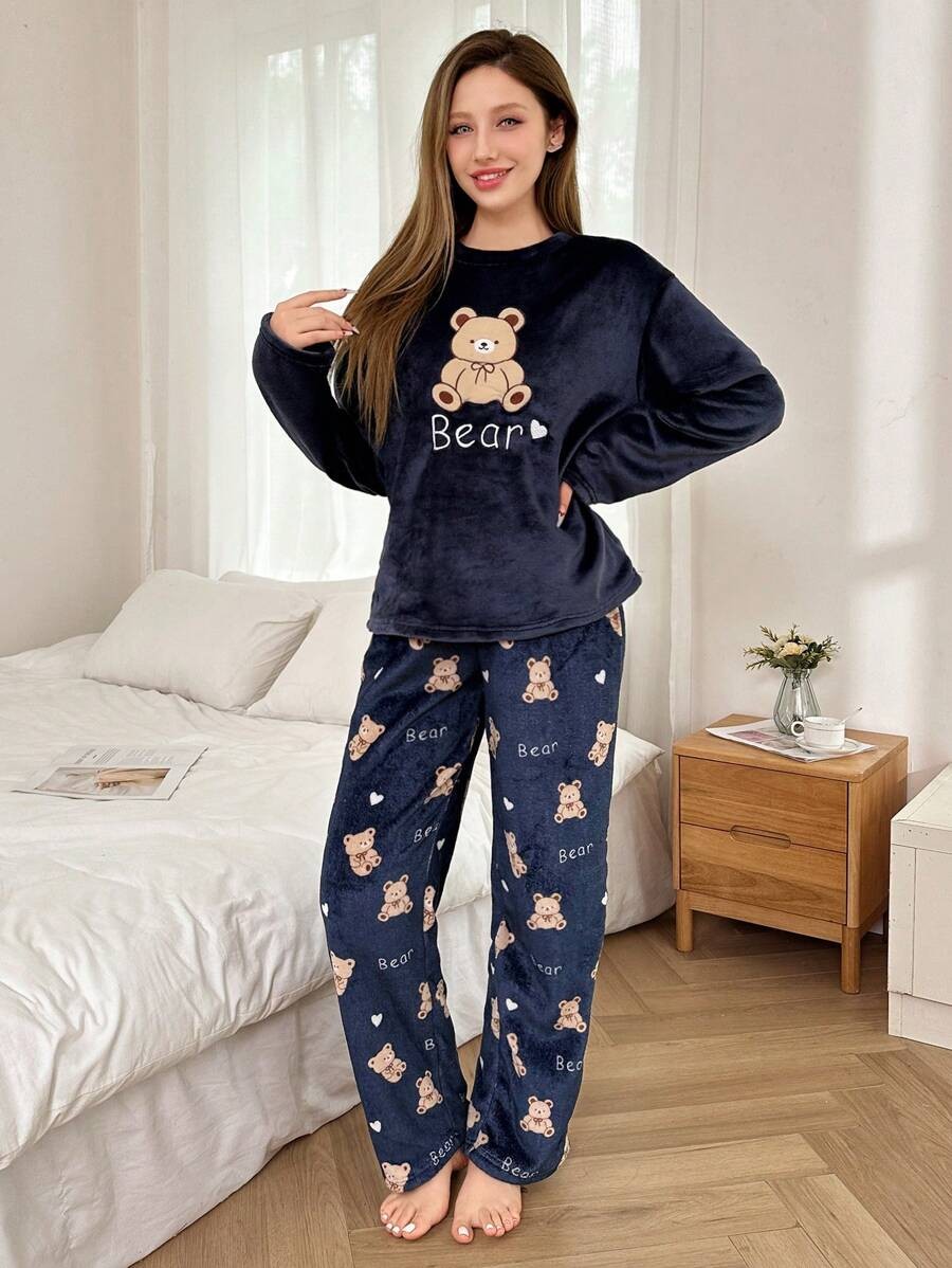 Women's Fleece Pajama Set, Navy Long Sleeve Top with Teddy Bear Embroidery and Printed Pants, Navy, view 4
