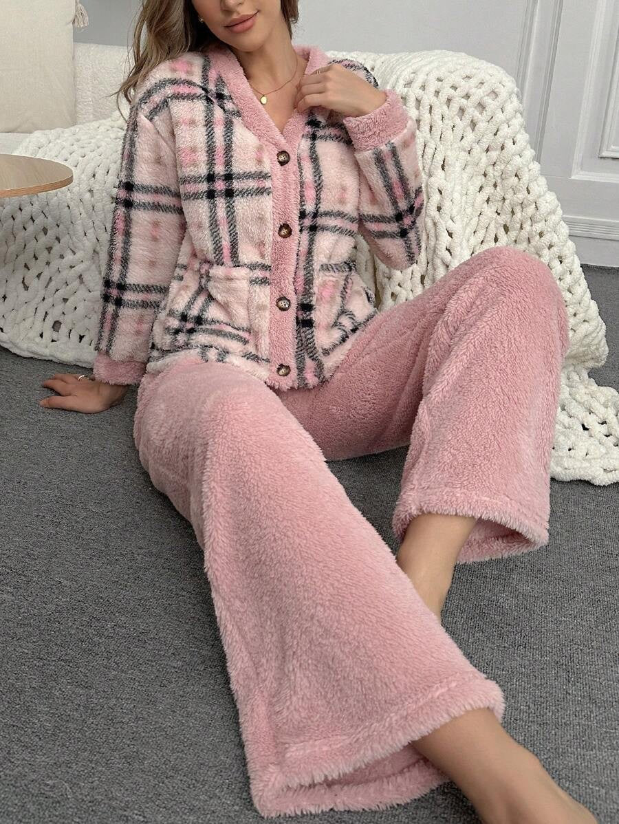 Women's Fleece Pajama Set, Pink Plaid Button-Down Top with Pockets and Fuzzy Wide Leg Pants, Pink