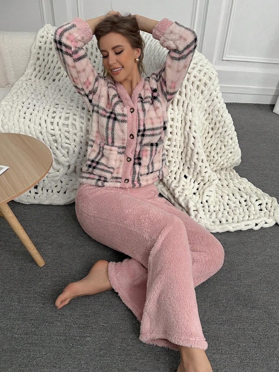 Women's Fleece Pajama Set, Pink Plaid Button-Down Top with Pockets and Fuzzy Wide Leg Pants, Pink, view 4