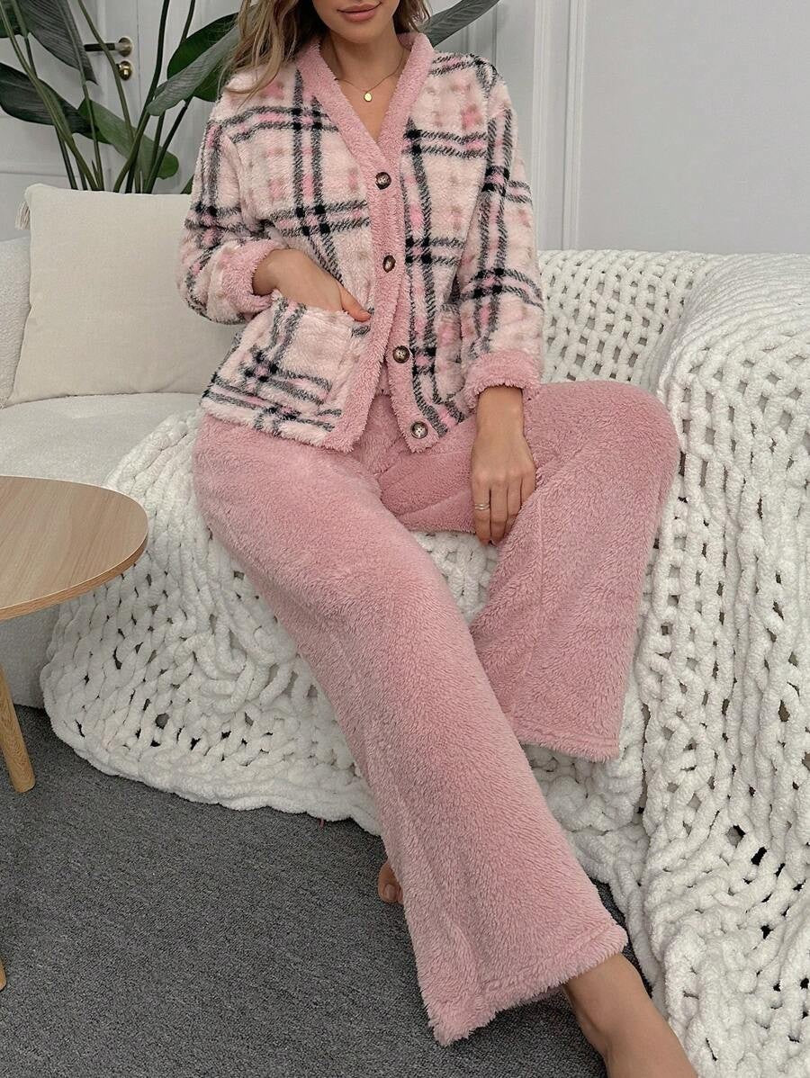 Women's Fleece Pajama Set, Pink Plaid Button-Down Top with Pockets and Fuzzy Wide Leg Pants, Pink, view 5