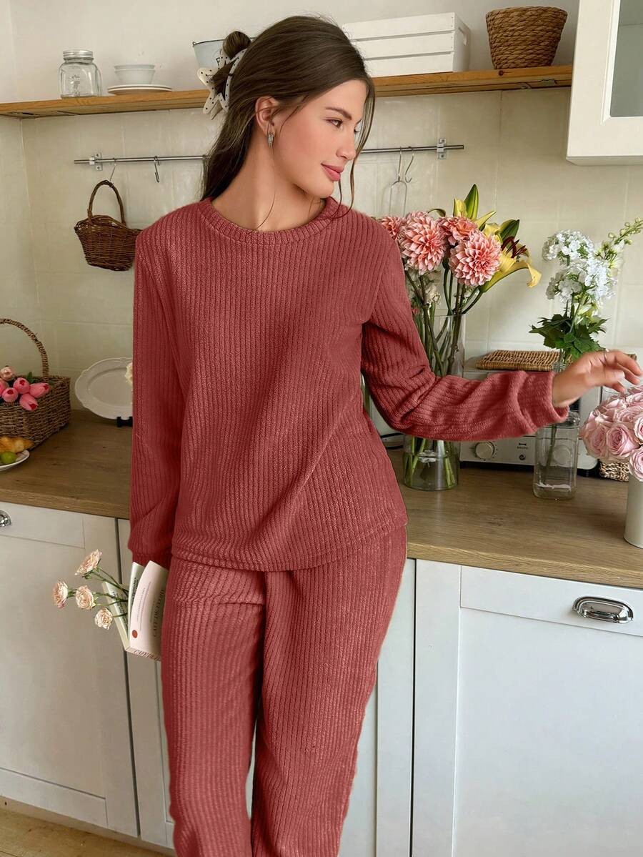 Women's Fleece Pajama Set, Rust Ribbed Crew Neck Long Sleeve Top and Jogger Pants, Rust