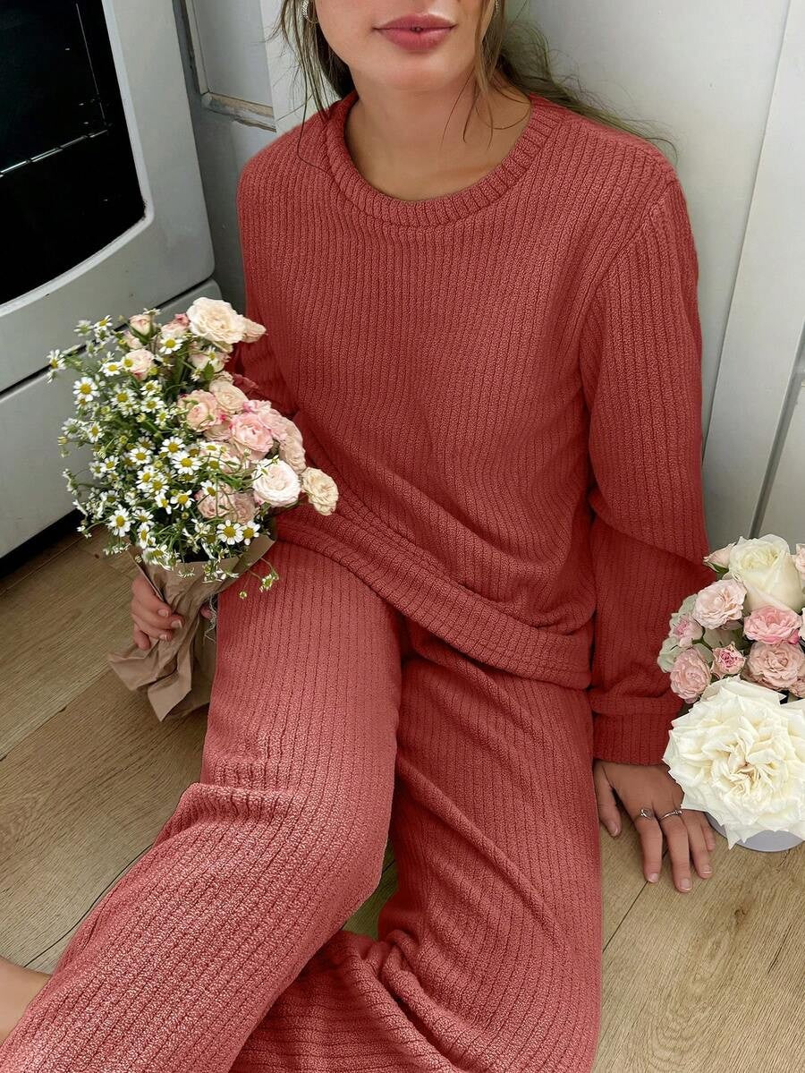 Women's Fleece Pajama Set, Rust Ribbed Crew Neck Long Sleeve Top and Jogger Pants, Rust, view 3