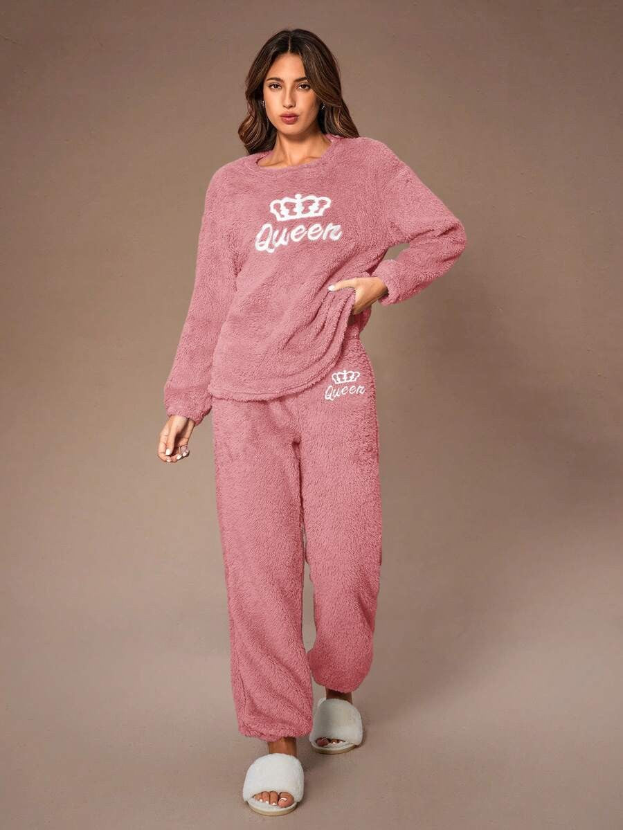 Women's Fuzzy Lounge Set, Pink Fleece Sweatshirt with Queen Crown Embroidery and Joggers, Pink