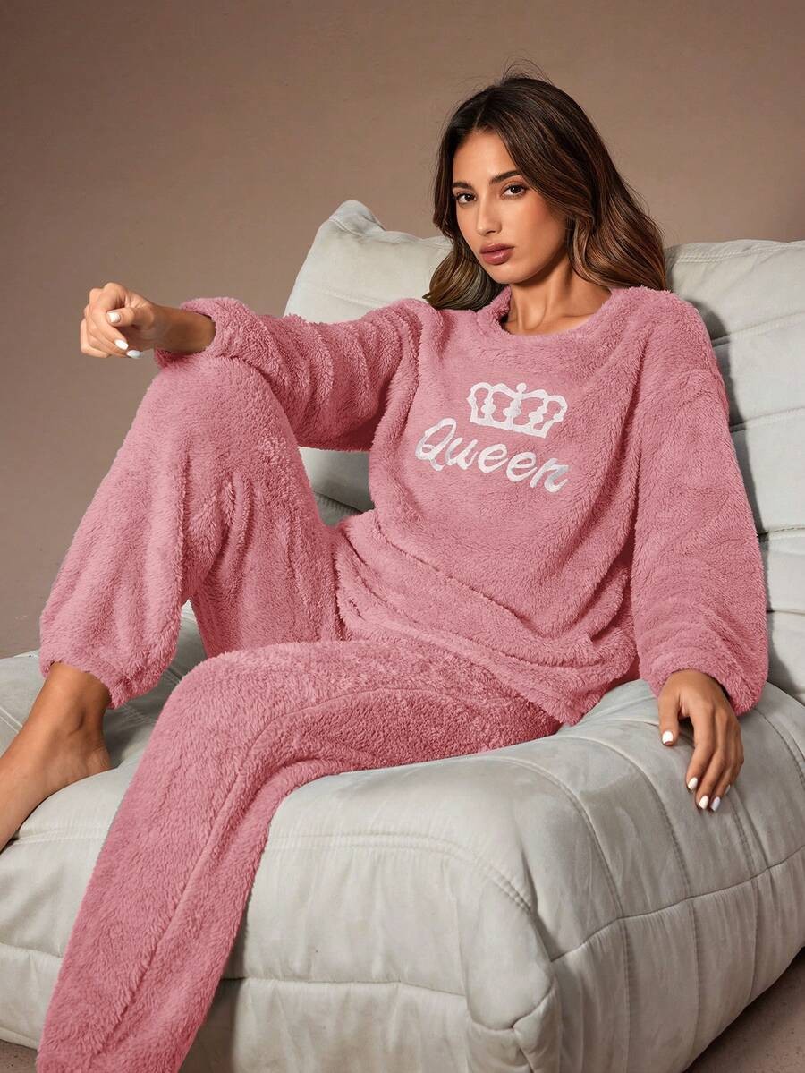 Women's Fuzzy Lounge Set, Pink Fleece Sweatshirt with Queen Crown Embroidery and Joggers, Pink, view 2