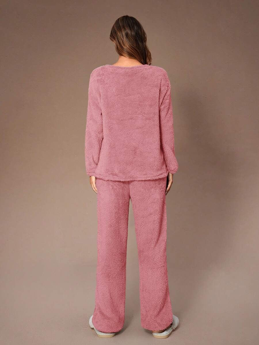 Women's Fuzzy Lounge Set, Pink Fleece Sweatshirt with Queen Crown Embroidery and Joggers, Pink, view 3