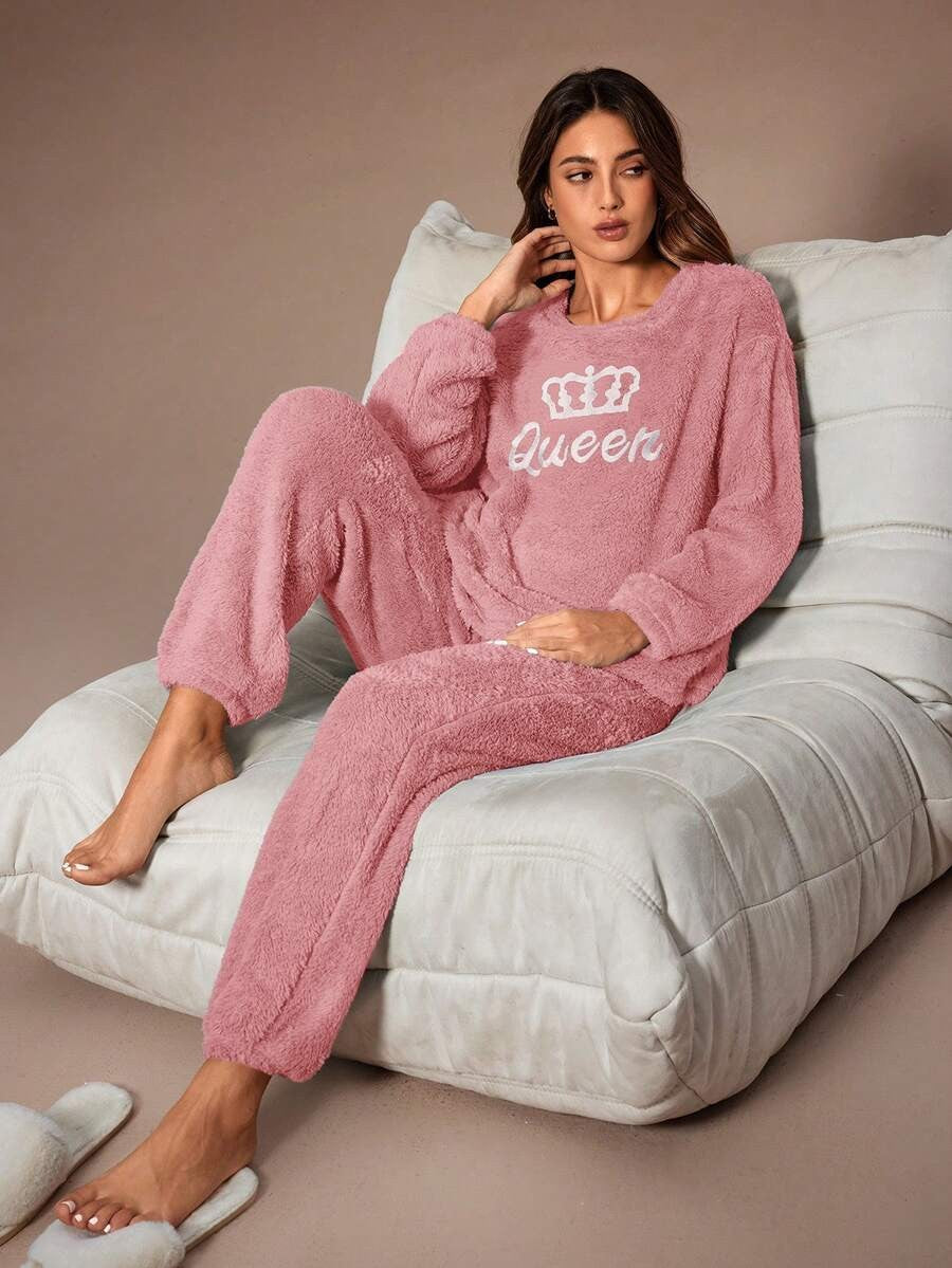 Women's Fuzzy Lounge Set, Pink Fleece Sweatshirt with Queen Crown Embroidery and Joggers, Pink, view 4